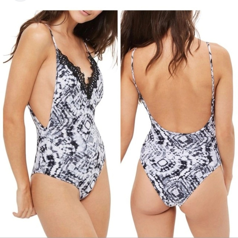 Topshop‎ Womens Tie Dye One Piece Swimsuit Lace Trim Low Back Black White US 4